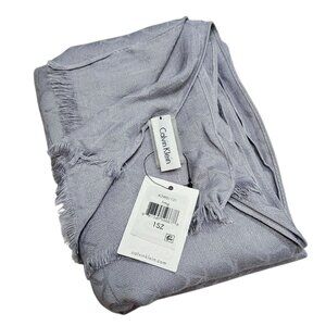 Calvin Klein Light Gray Jacquard Logo Scarf Fringed Edge Womens Soft Lightweight